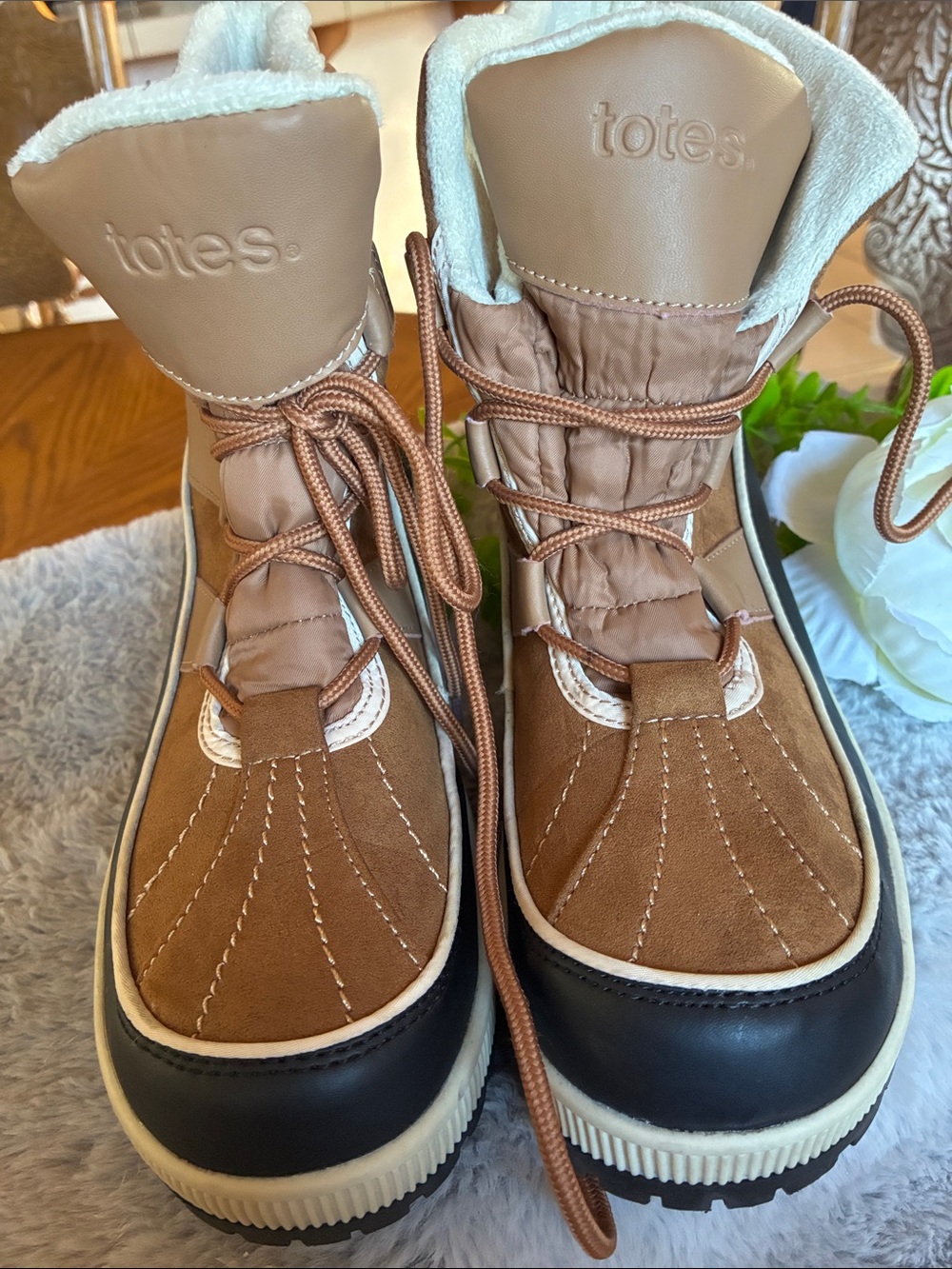 totes Kids Tan and Black Waterproof Winter Boots